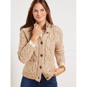 Talbots Marl Cable Knit Mockneck Button Front Cardigan Sweater Beige Tan XLP NWT